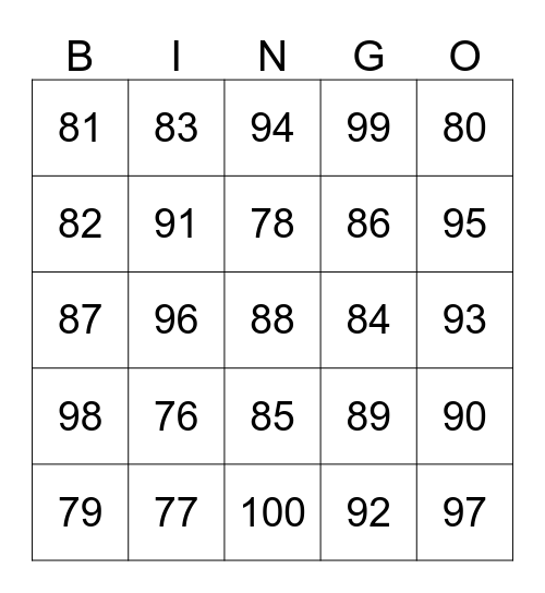 Numbers 76-100 Bingo Card
