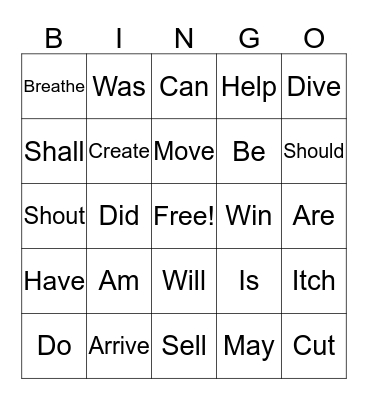 Types of Verbs Bingo Card