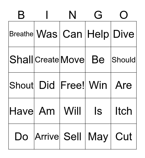 Types of Verbs Bingo Card