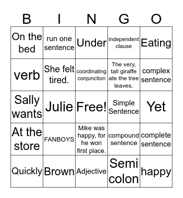 Grammar Bingo Card