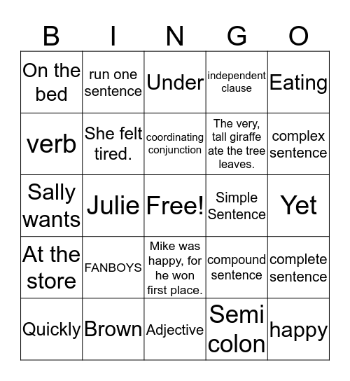 Grammar Bingo Card