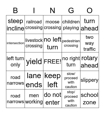 Traffic Signal Bingo Card