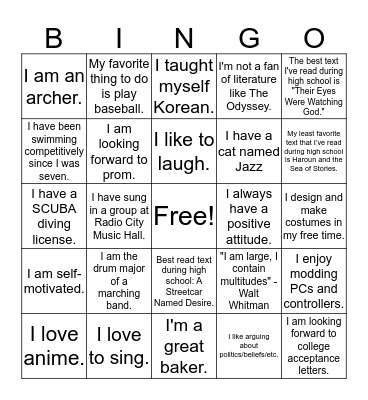 Getting to Know Your Classmates Bingo Card