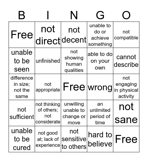 Prefix -in Bingo Card