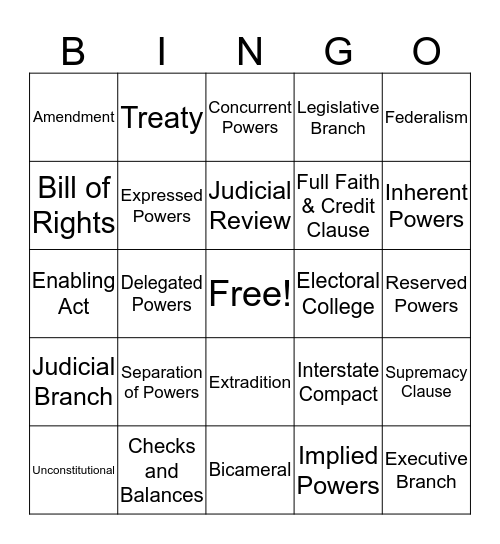 Government Unit 2 Bingo Card