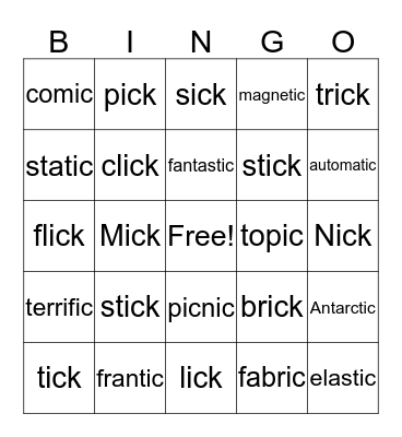 ick/ic endings Bingo Card