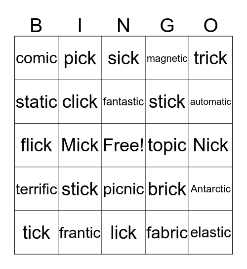 ick/ic endings Bingo Card