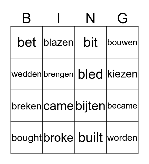 Irregular verbs Bingo Card