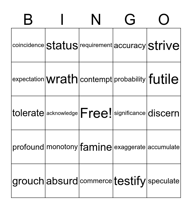 Vocabulary Lesson 1 & 2 Bingo Card