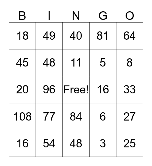 Multiplication Bingo Cards Bingo Card