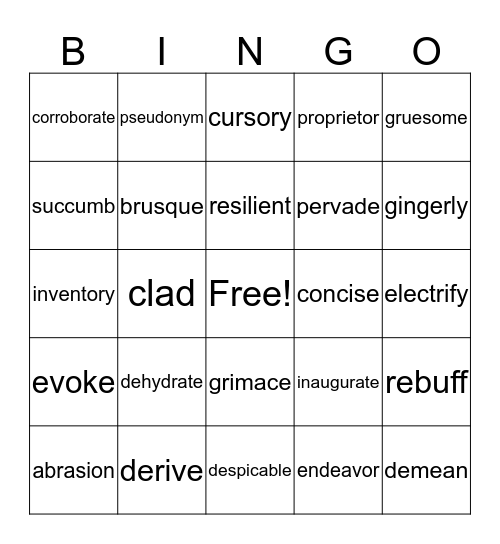 WWL2 Vocabulary Bingo Card