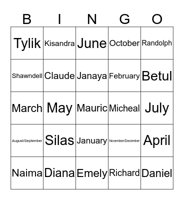 Name & Birthday Bingo  Bingo Card