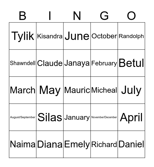 Name & Birthday Bingo  Bingo Card