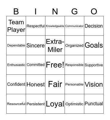 Leadership Qualities Bingo Card