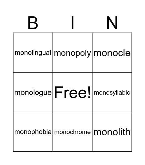 Word List: Mono Bingo Card