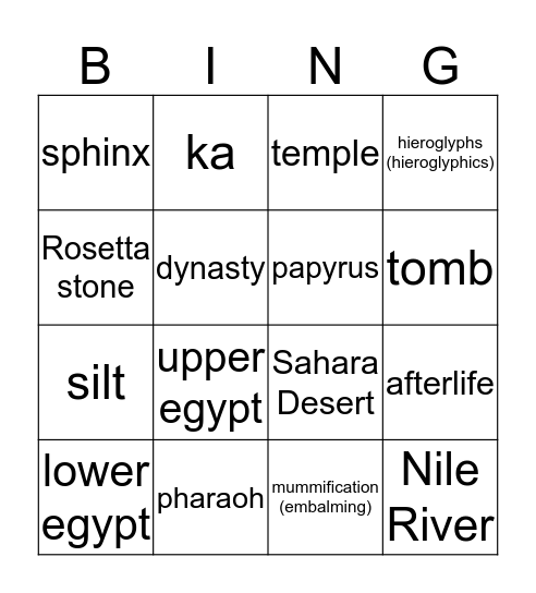 Egypt Bingo Card