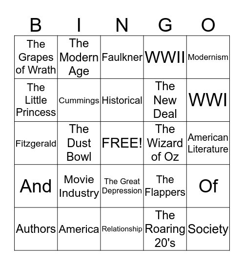 MODERNISM Bingo Card