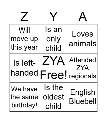 ZYA Bingo Card