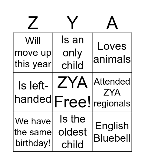 ZYA Bingo Card