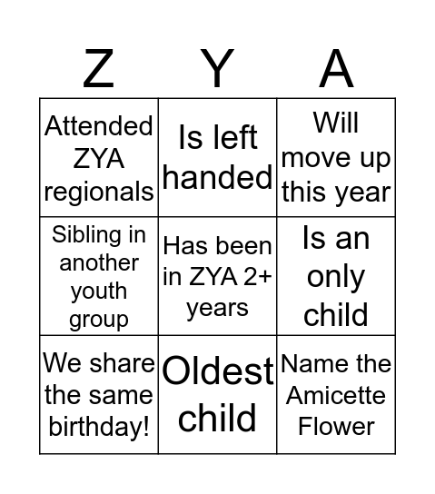 ZYA Bingo Card