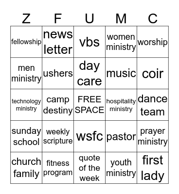 ZION FELLOWSHIP BINGO Card