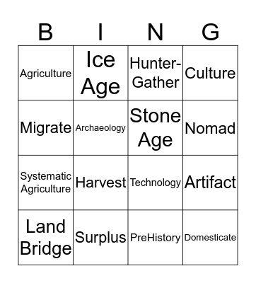 Social Studies Stone Age Vocabulary Bingo Card