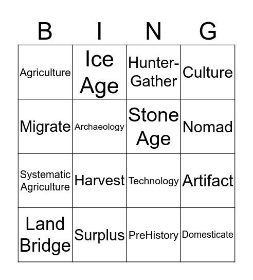 Social Studies Stone Age Vocabulary Bingo Card