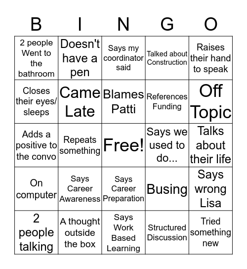 WBL Meeing Bingo Card