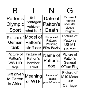 Patton Museum Bingo Card