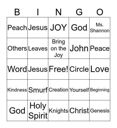 Knights for Christ Bingo Card