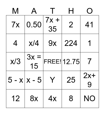 Algebra Unit Bingo Card