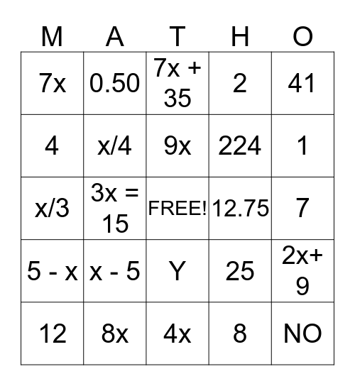 Algebra Unit Bingo Card