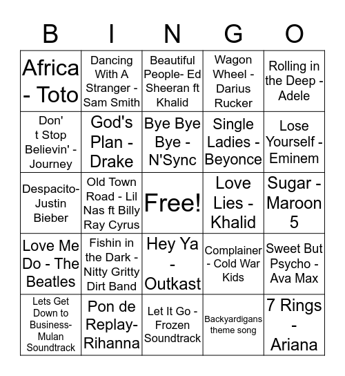Bingo Tunes Bingo Card
