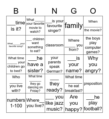 English class Bingo Card