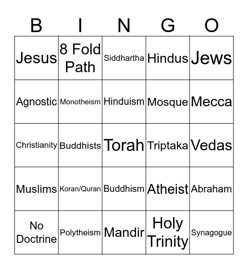 World Religion Bingo Card