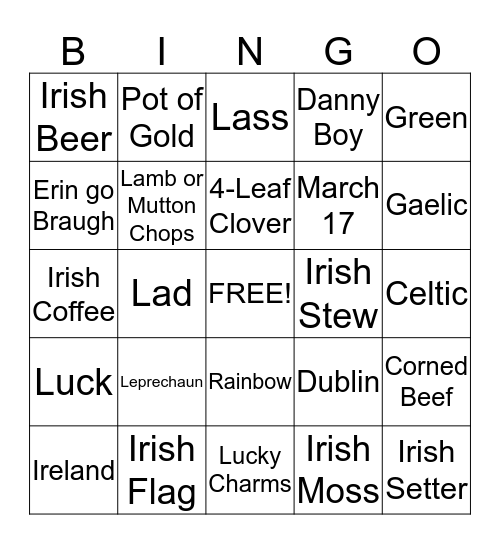 Irish Bingo Card