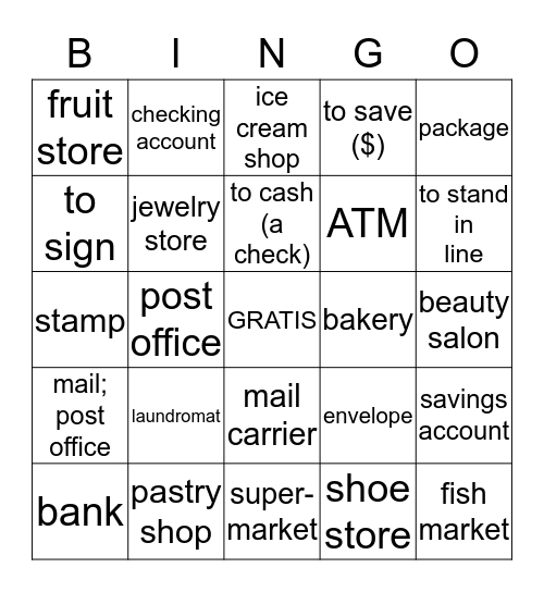 Spanish III (ciudad/correo/banco) Bingo Card