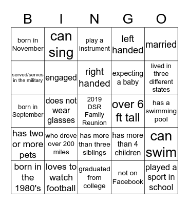 Dobbins, Stocks & Rowland Family Reunion Bingo Card