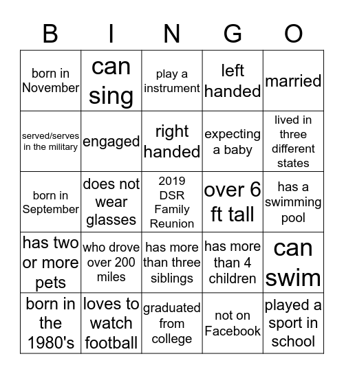 Dobbins, Stocks & Rowland Family Reunion Bingo Card