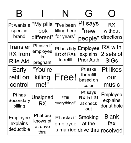 Pharmacy Bingo Card