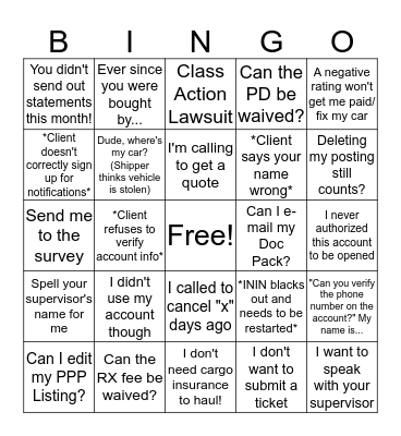 Call Center Bingo Card