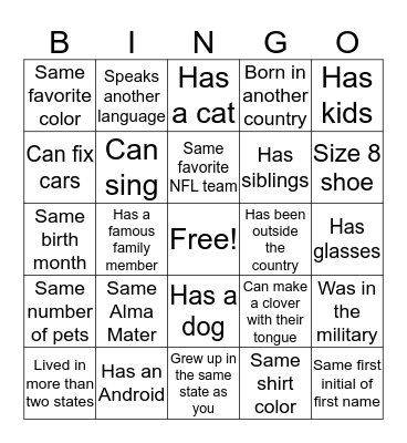 Ice Breaker BINGO Card