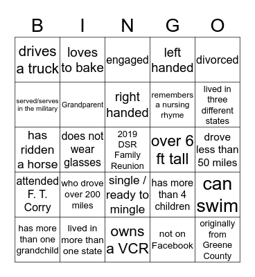 Dobbins, Stocks & Rowland Family Reunion Bingo Card