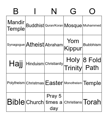 World Religions Bingo Card