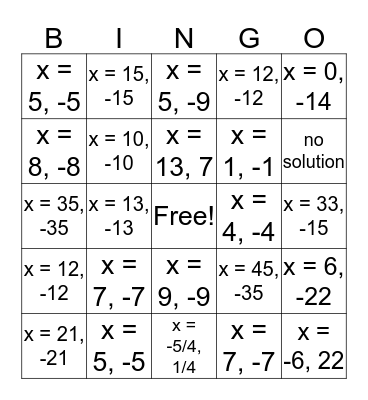 Absolute Value Equations Bingo Card