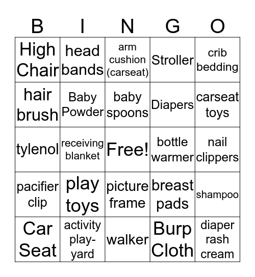 Baby Shower Gifts Bingo Card