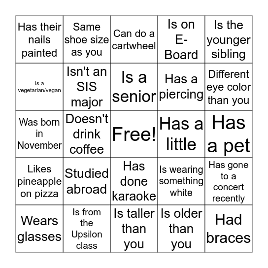DPE Bingo Card