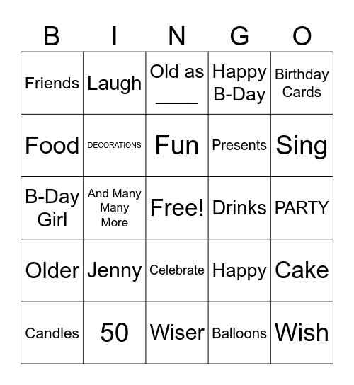 Jenny's B-Day Bingo Card
