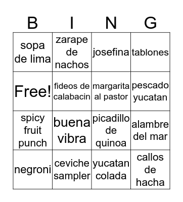 Bada Bing Menu Ting Bingo Card