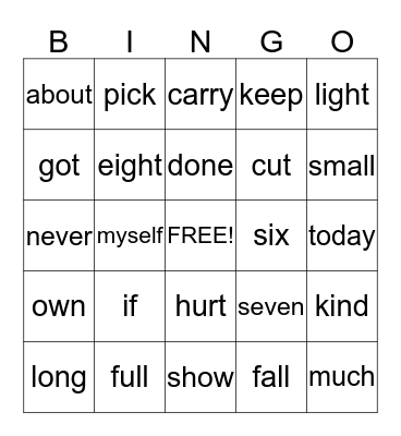 Sight Word Bingo Card